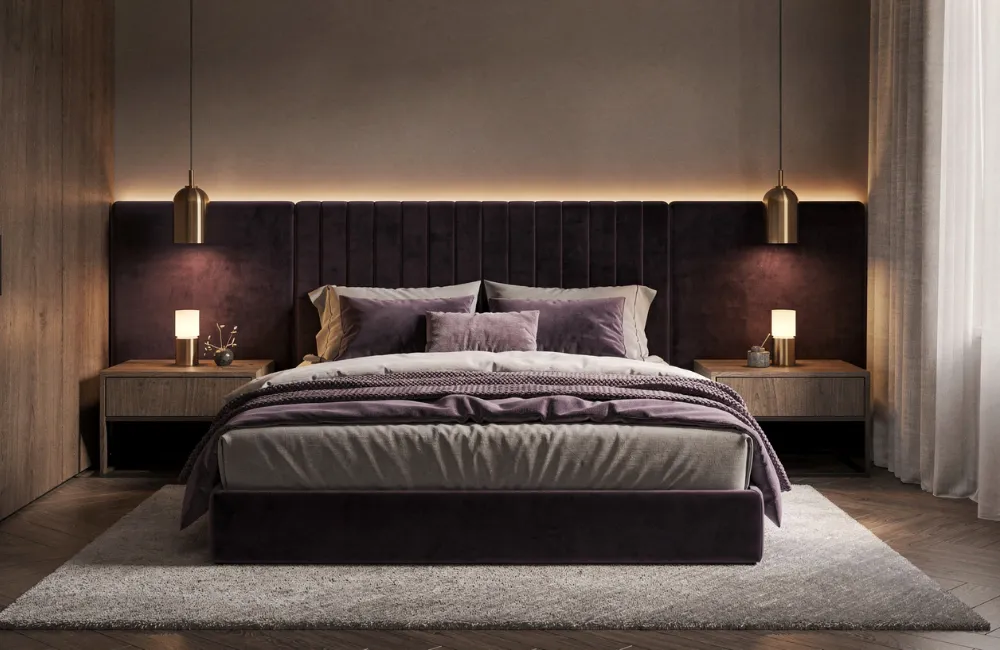 tete lit tissu violet chambre