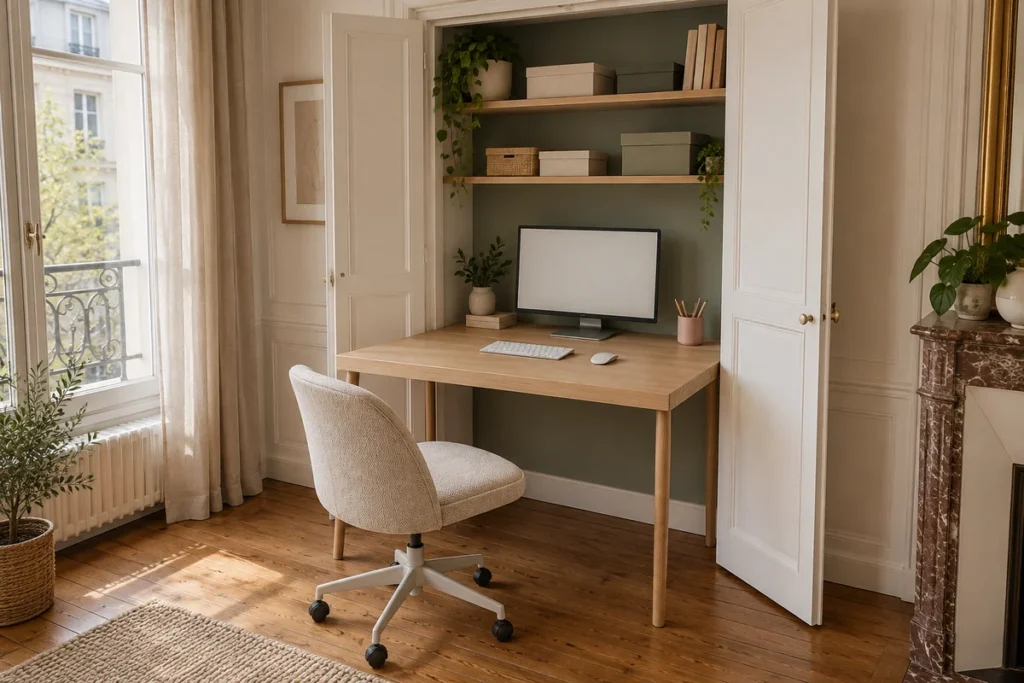 Coin bureau en bois clair installé dans un placard ouvert, avec écran et siège.