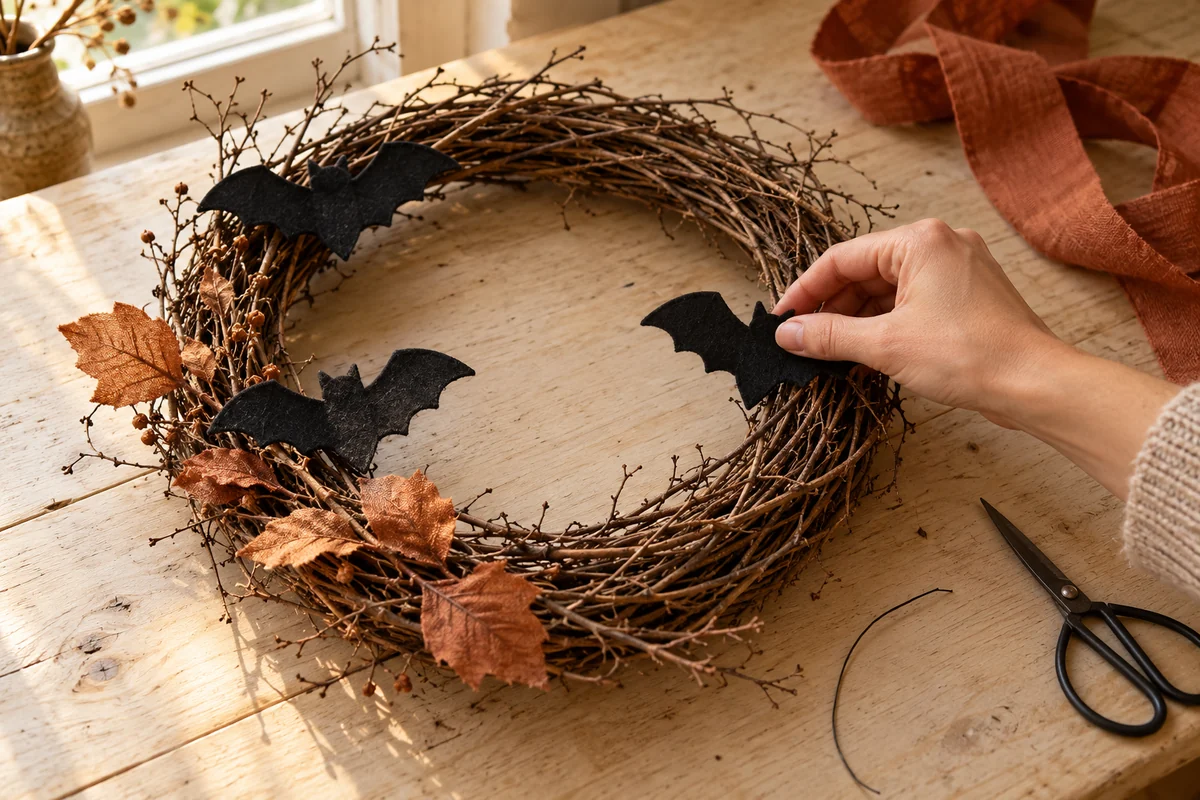 Pose d’une chauve-souris en feutrine sur une couronne de rameaux