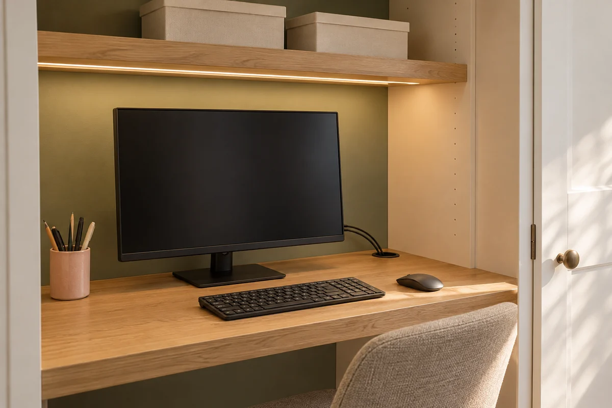 Éclairage sous une étagère et câbles regroupés au fond d’un bureau de placard.