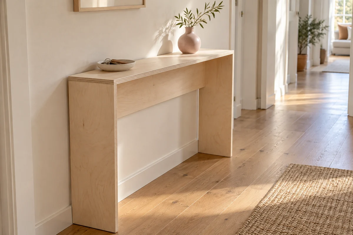 Console étroite en contreplaqué clair dans un couloir, avec une coupelle et un vase.