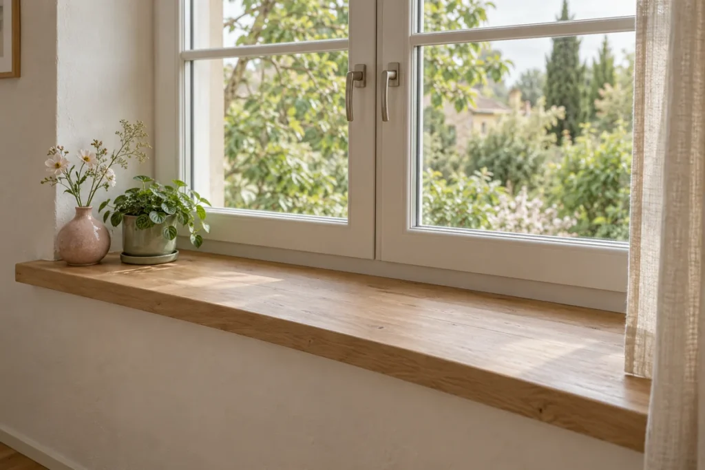Rebord de fenêtre en bois clair décoré d’un vase rose et d’une petite plante.
