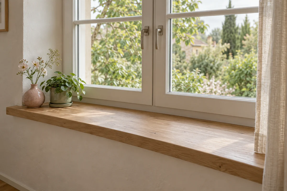 Rebord de fenêtre en bois clair décoré d’un vase rose et d’une petite plante.