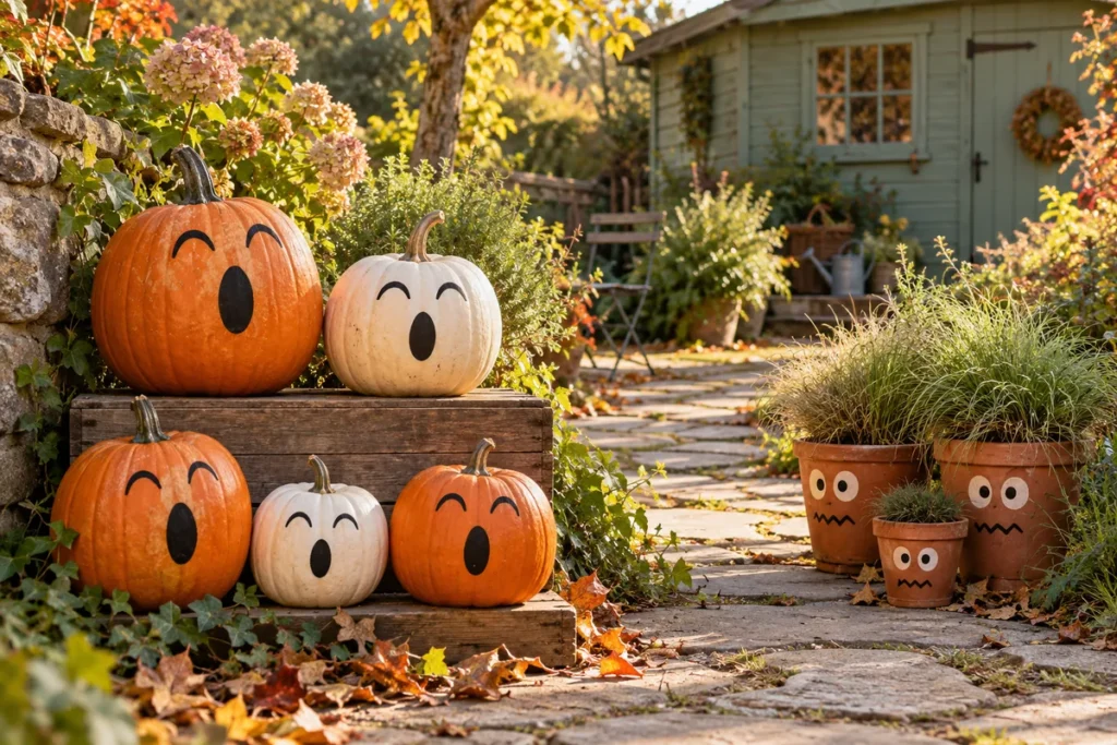 Citrouilles peintes en chorale et pots-monstres dans un jardin décoré pour Halloween