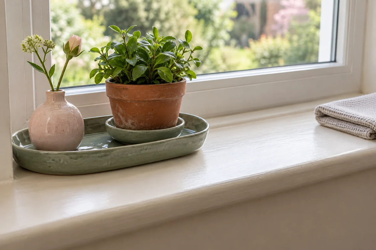 Plateau en céramique regroupant un vase et une plante sur un rebord de fenêtre peint.