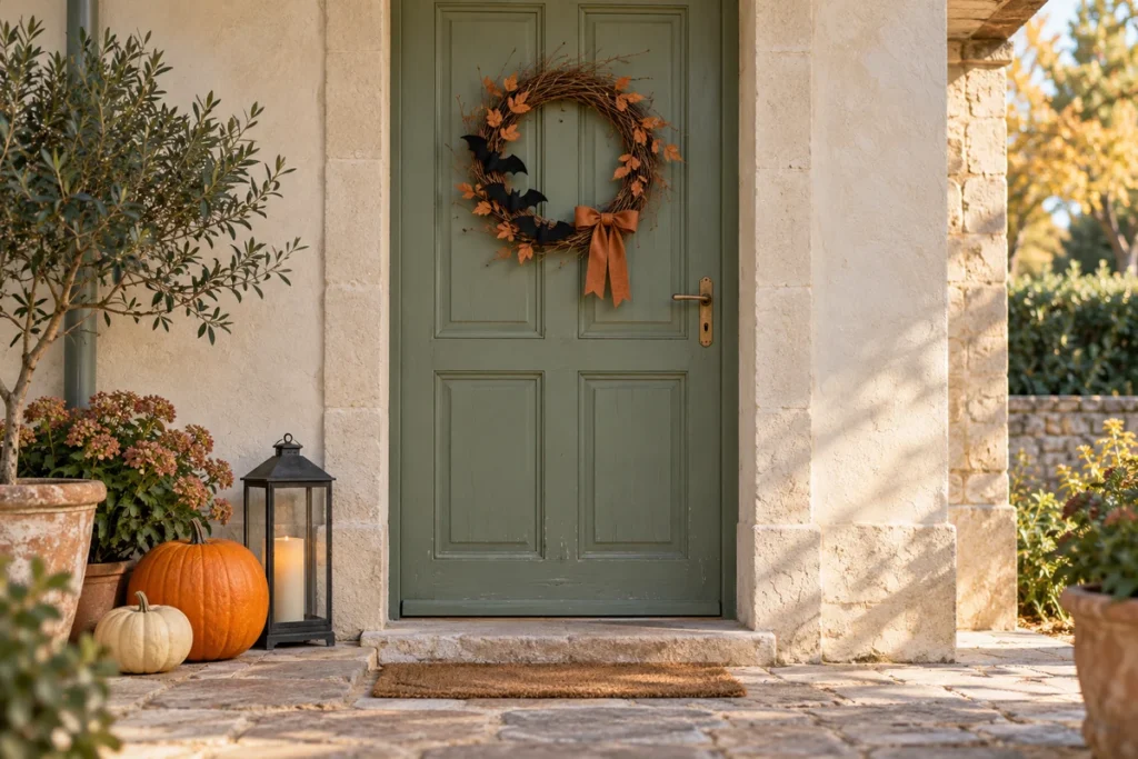 Porte verte décorée d’une couronne de chauves-souris et de citrouilles pour Halloween