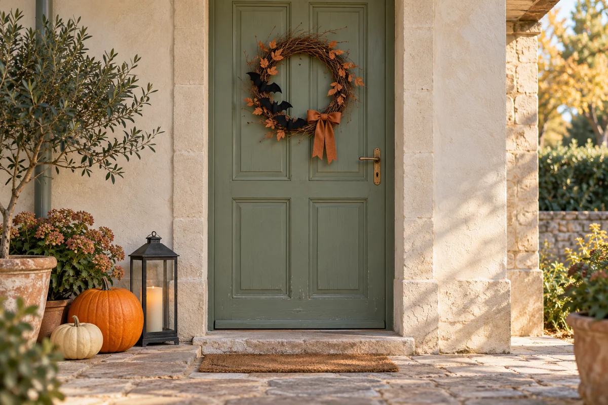 Porte verte décorée d’une couronne de chauves-souris et de citrouilles pour Halloween