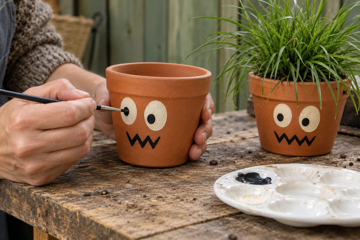 Peinture d’un visage de monstre sur un pot en terre cuite